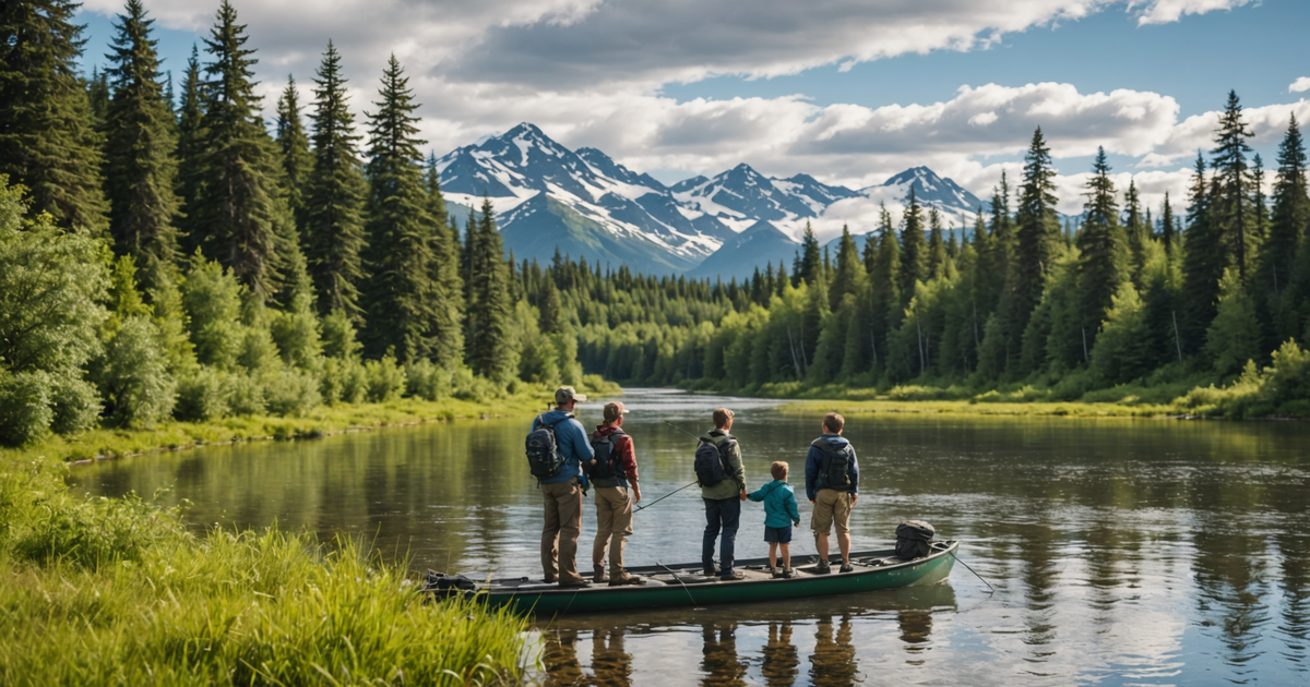 A family enjoying a fishing trip on a river in Alaska, surrounded by lush greenery and clear skies.