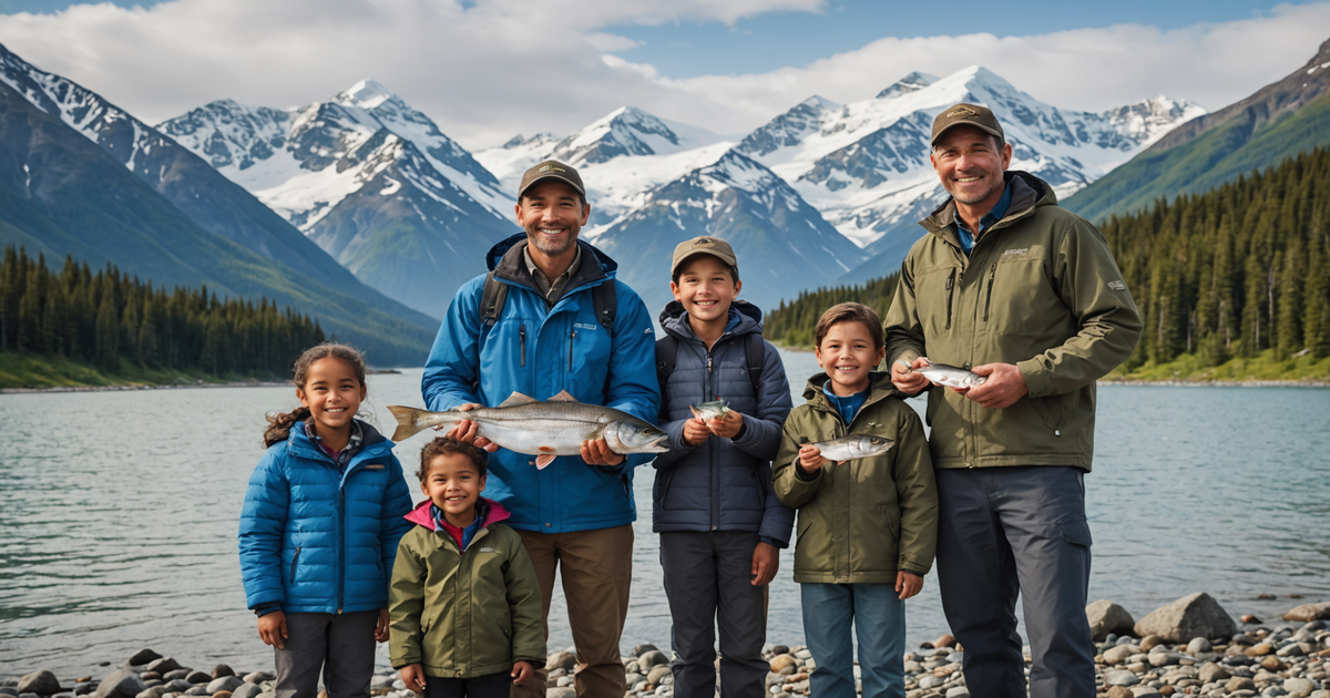 A diverse family posing happily with their fishing catches against a backdrop of Alaskan mountains.