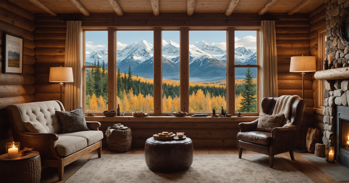 A cosy room with rustic decor and a view of the Alaskan wilderness