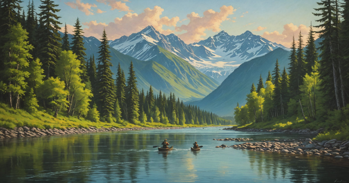 A vibrant Alaskan river during the salmon run, showcasing anglers and wildlife.