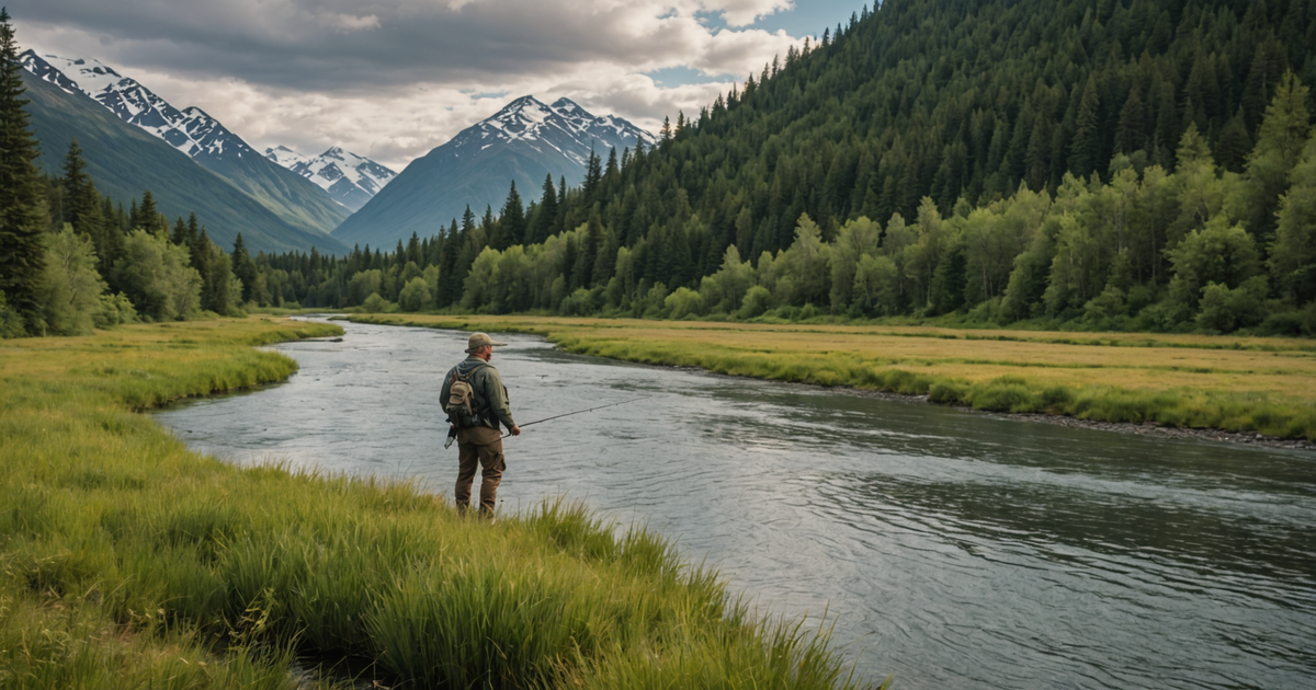 An angler preparing their gear on the banks of a salmon-rich river in Alaska.