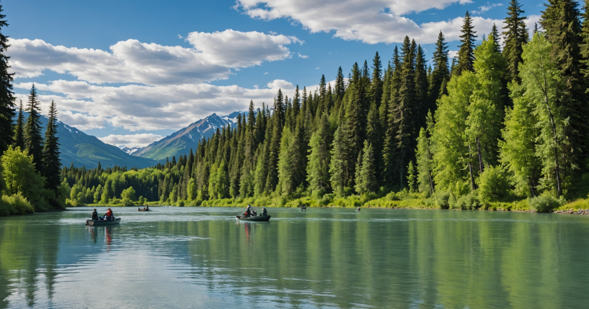 Anglers fishing in the pristine waters of the Kenai River during peak salmon season.