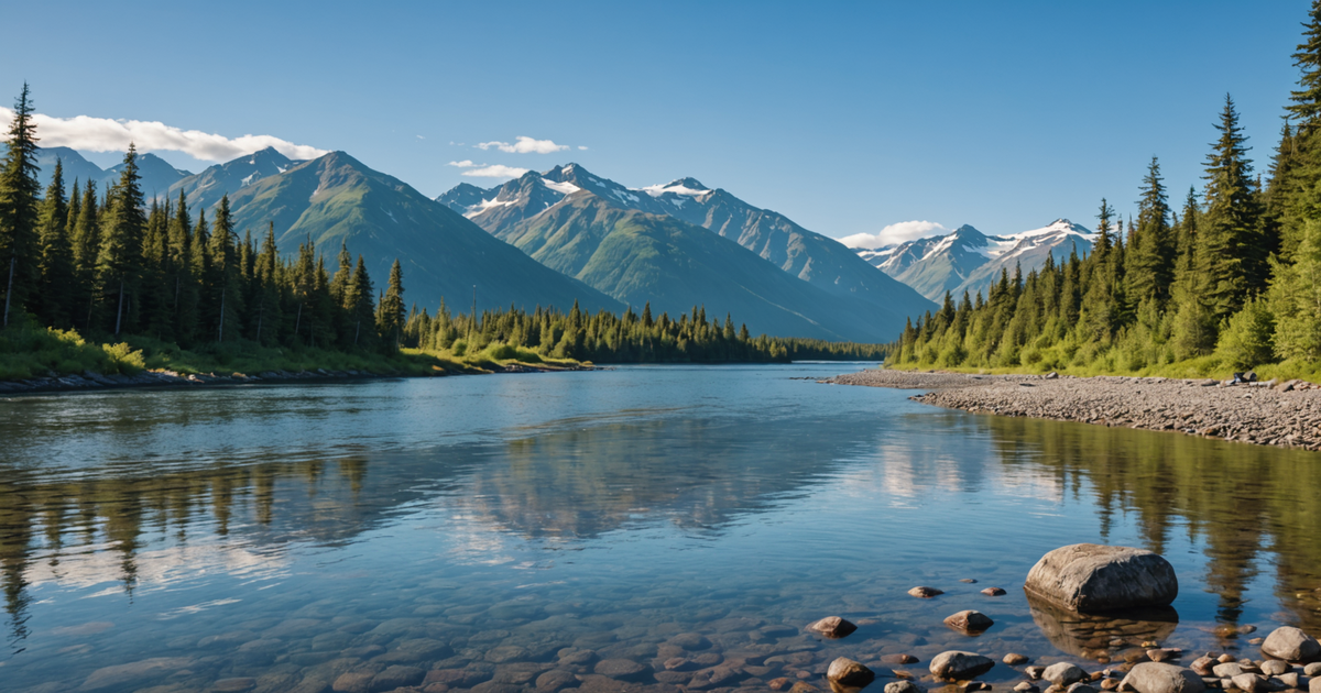 A breathtaking view of the Alaskan wilderness, perfect for a salmon fishing adventure.