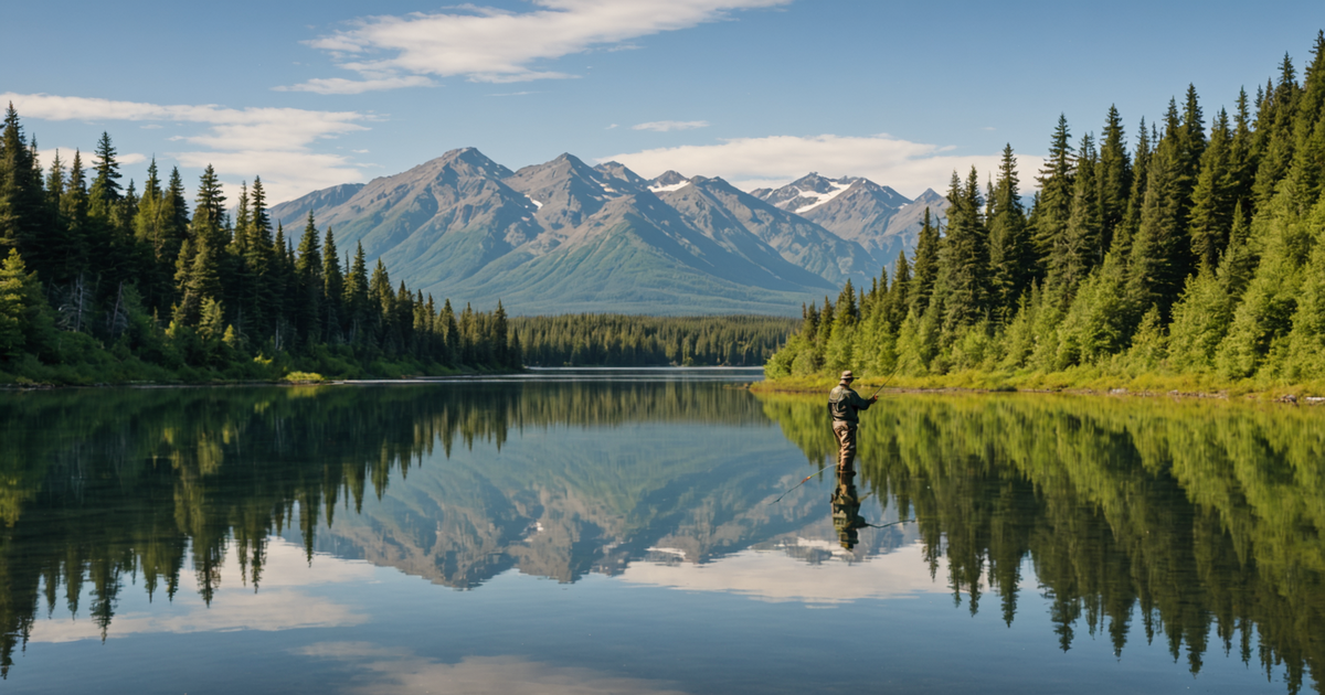 An angler casting a line in a serene Alaskan lake, ready for the catch of the day.