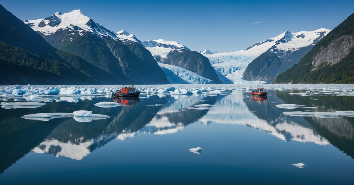 A scenic view of Mendenhall Glacier with fishing boats in the foreground.