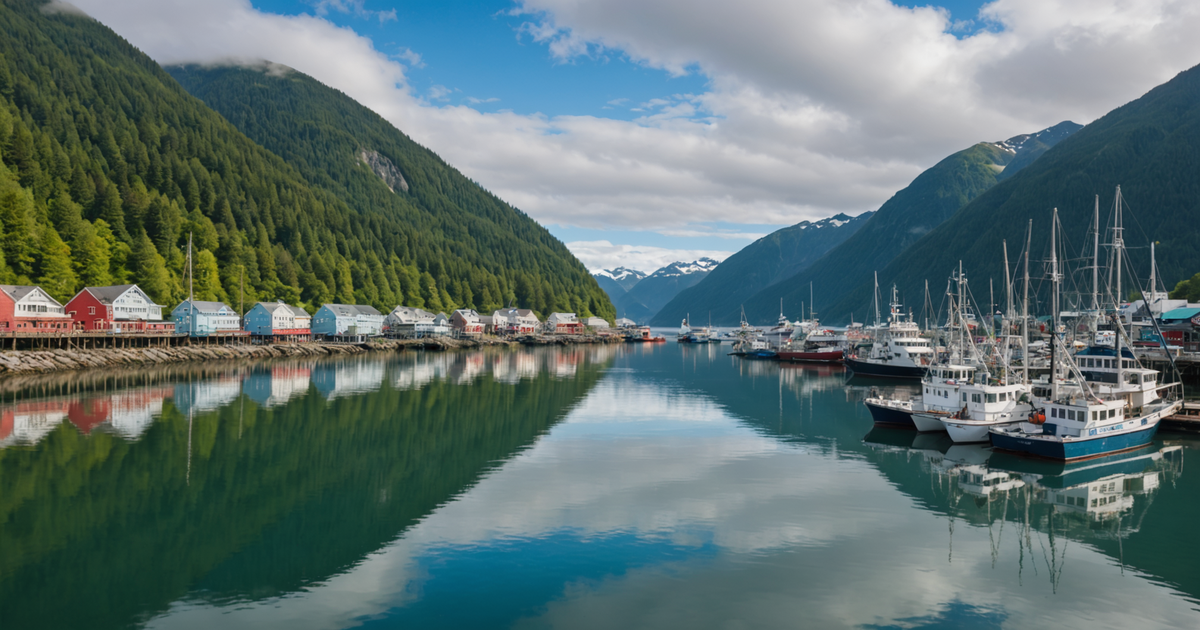 A panoramic view of Juneau's waterfront with fishing boats.