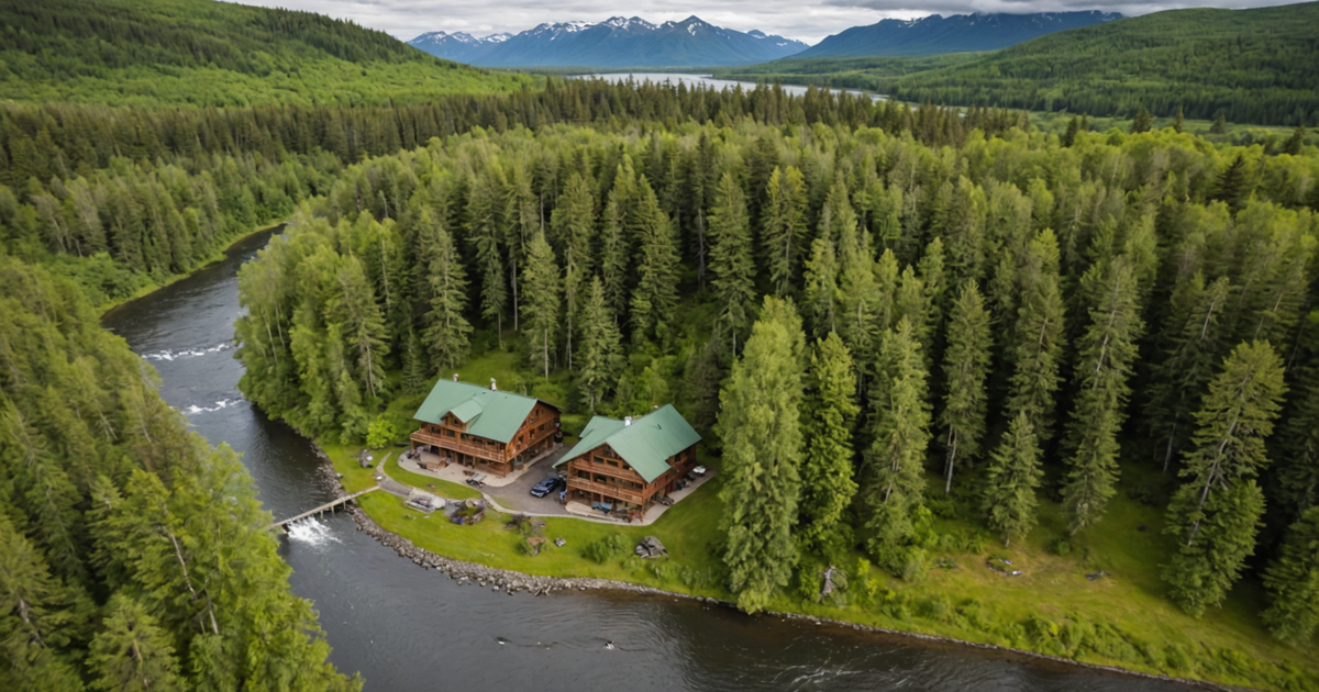 Aerial view of Salmon Catcher Lodge with Kenai River in the background