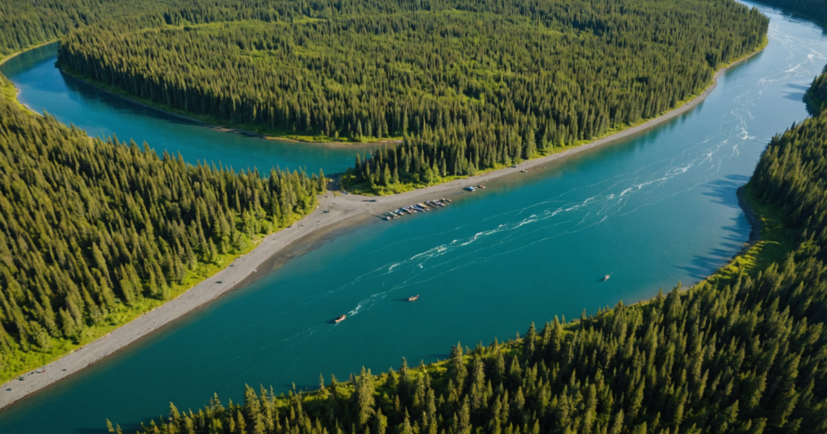 Aerial view of the Kenai River with anglers fishing for sockeye salmon