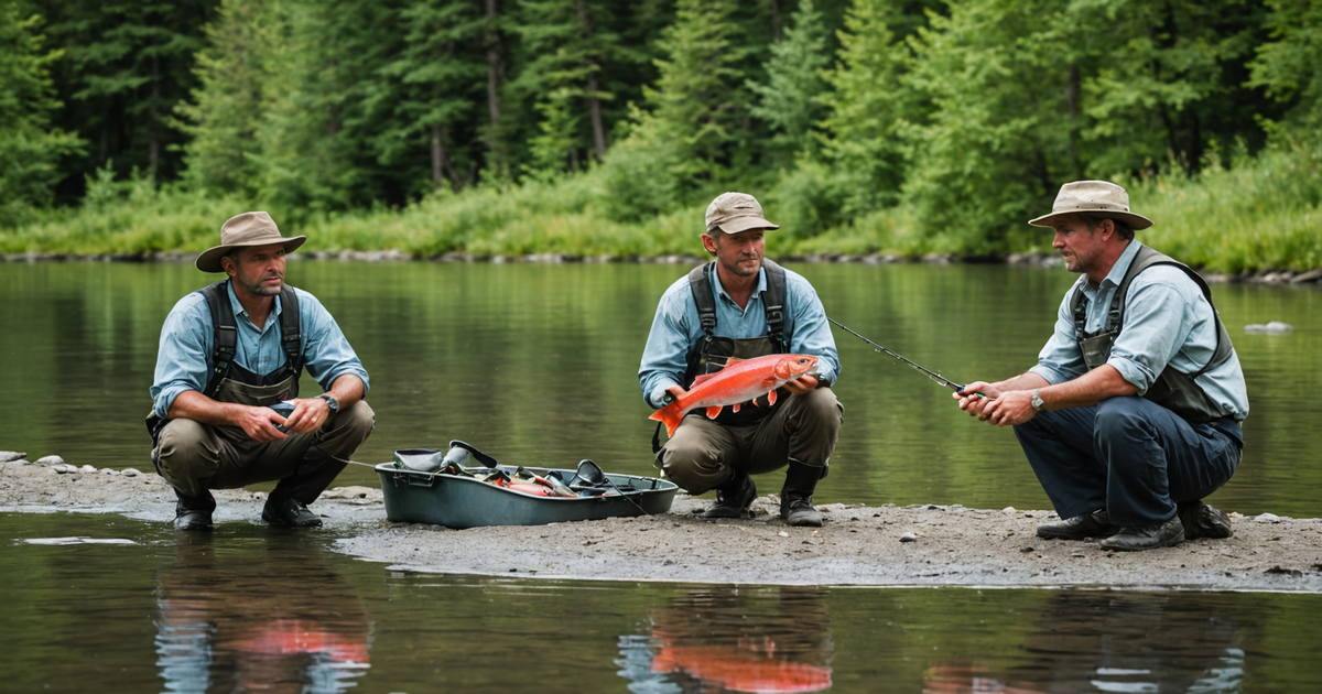 A group of anglers with a local guide, showcasing their catch of sockeye salmon on the riverbank.