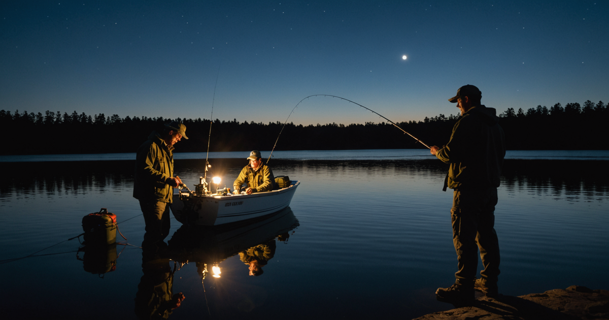 Anglers preparing their gear with headlamps on a night fishing charter.