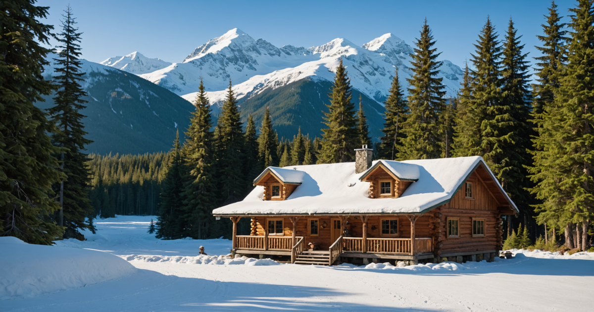 A cosy wilderness lodge nestled in the Alaskan woods, surrounded by snow-capped mountains.
