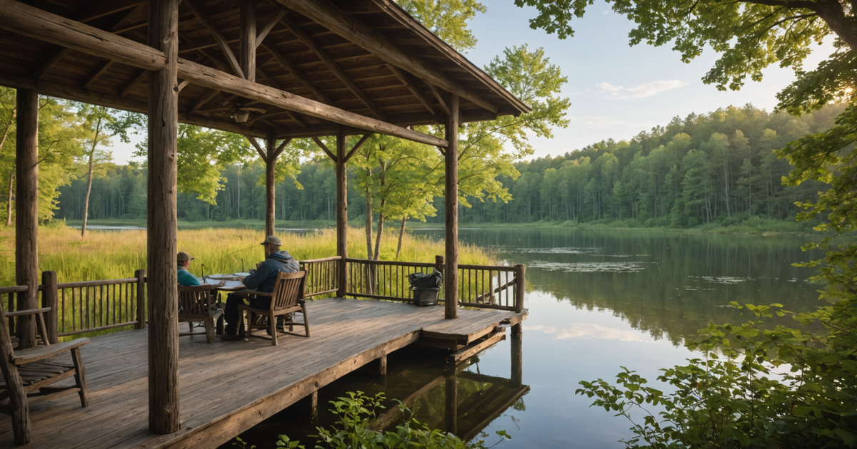 A serene lake view from a fishing cabin, with an angler casting a line into the water.