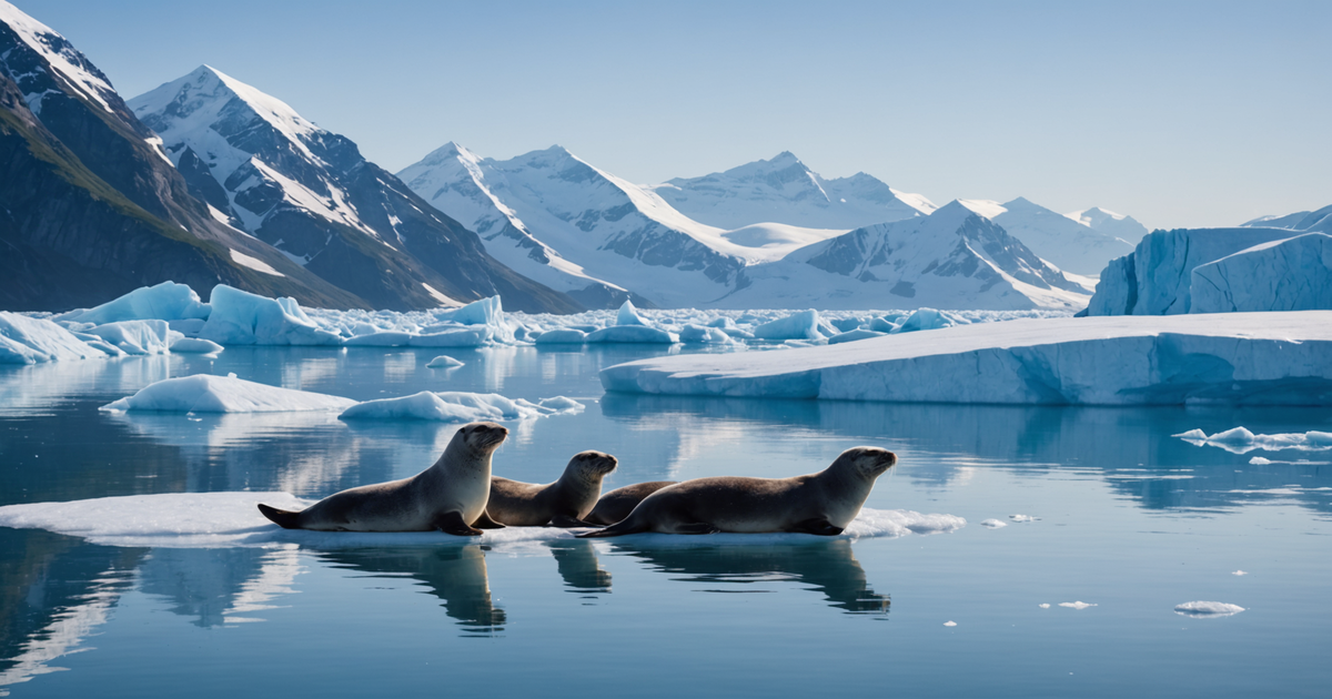 A group of seals resting on icebergs with the glacier in the background