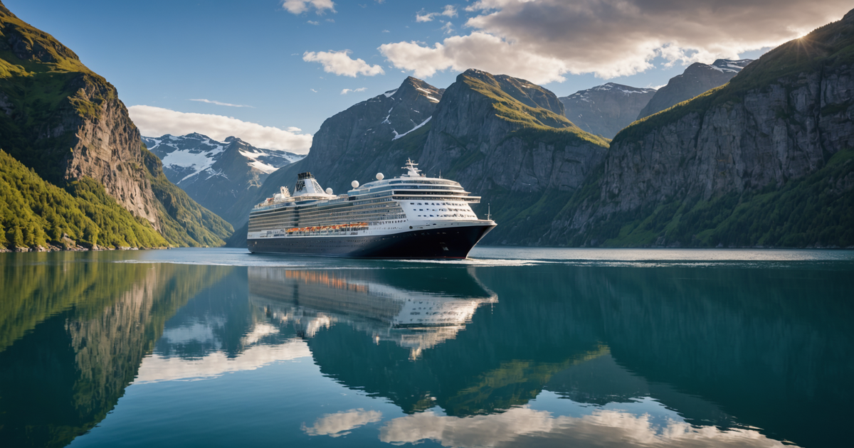 A cruise ship in the fjord surrounded by the towering cliffs and icy waters
