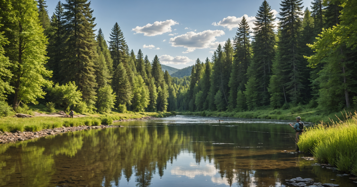 A serene view of a river near Adlersheim Wilderness Lodge, showcasing anglers casting their lines.