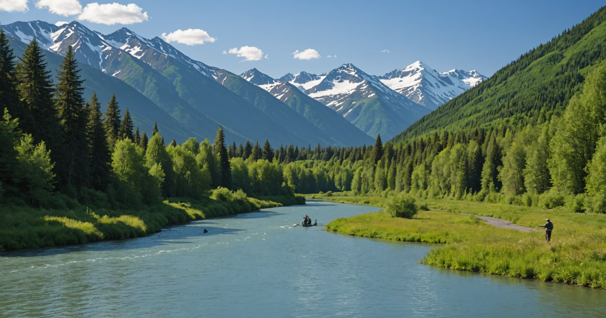 A scenic view of the Kenai River with anglers fishing along the banks