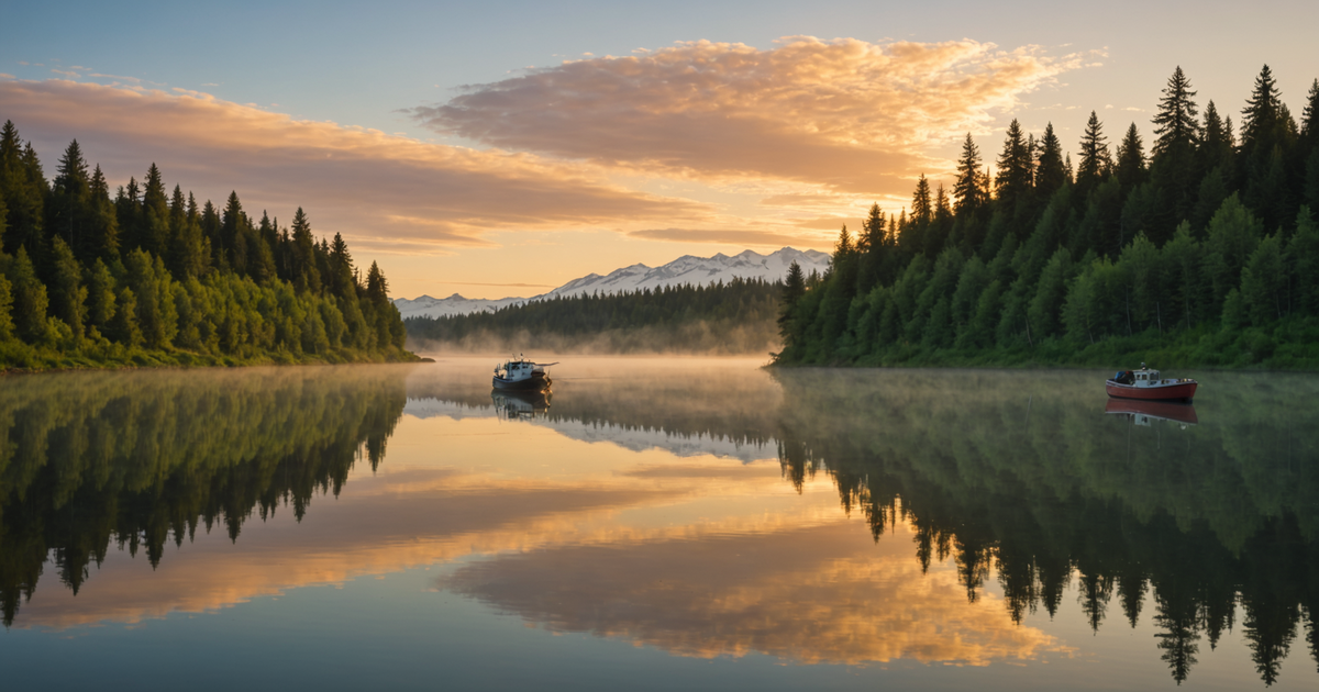 A serene view of the Kenai River at dawn, with mist rising over the water and a fishing boat ready to depart.