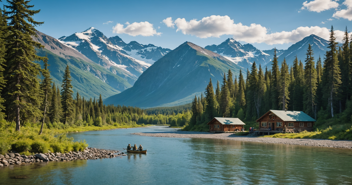 A scenic view of an Alaskan adventure lodge by a river, with anglers fishing.