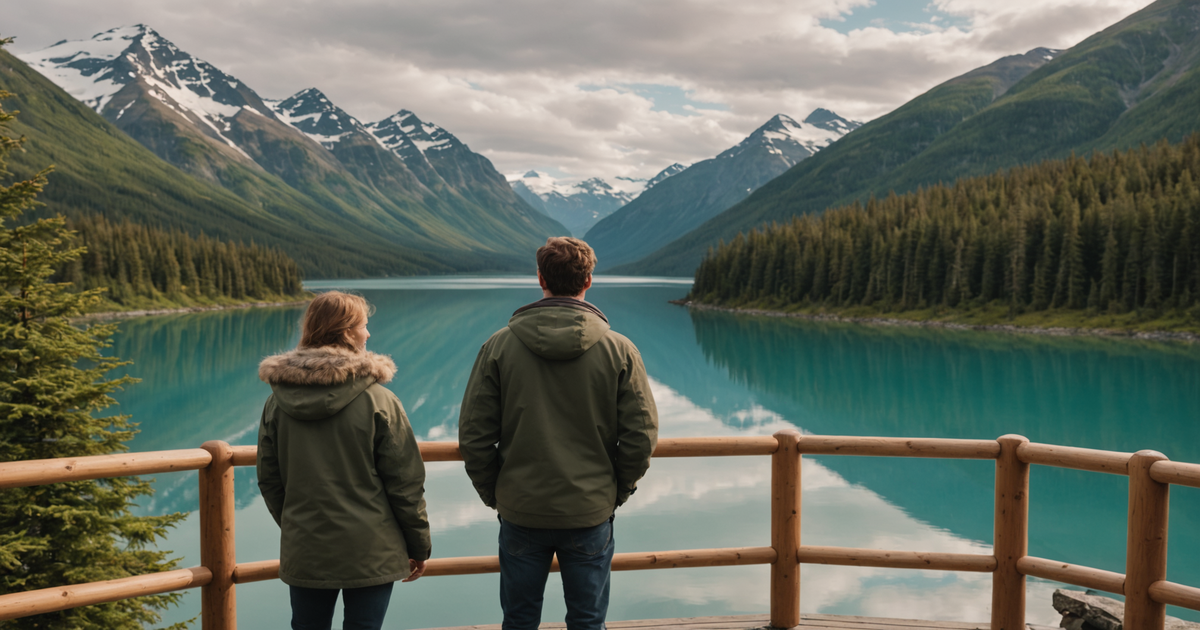 A couple enjoying a scenic view of the Alaskan wilderness from a lodge deck