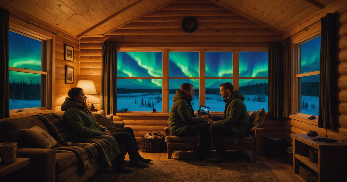 A couple watching the Northern Lights from a cosy cabin in Fairbanks