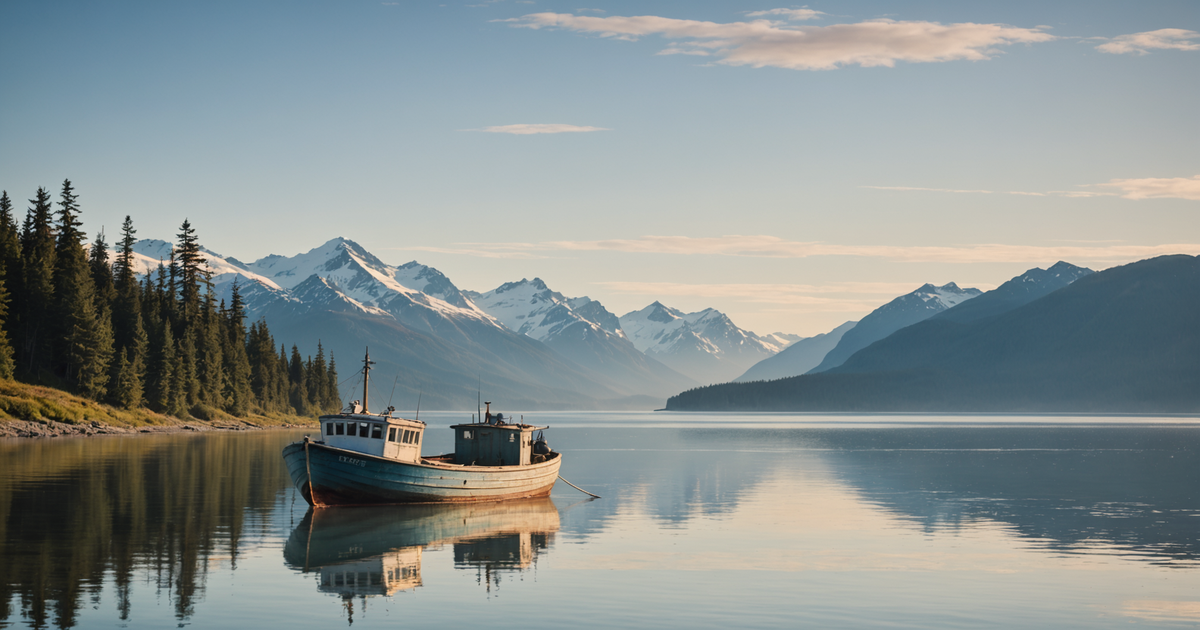 A scenic view of an Alaskan fishing boat at sea