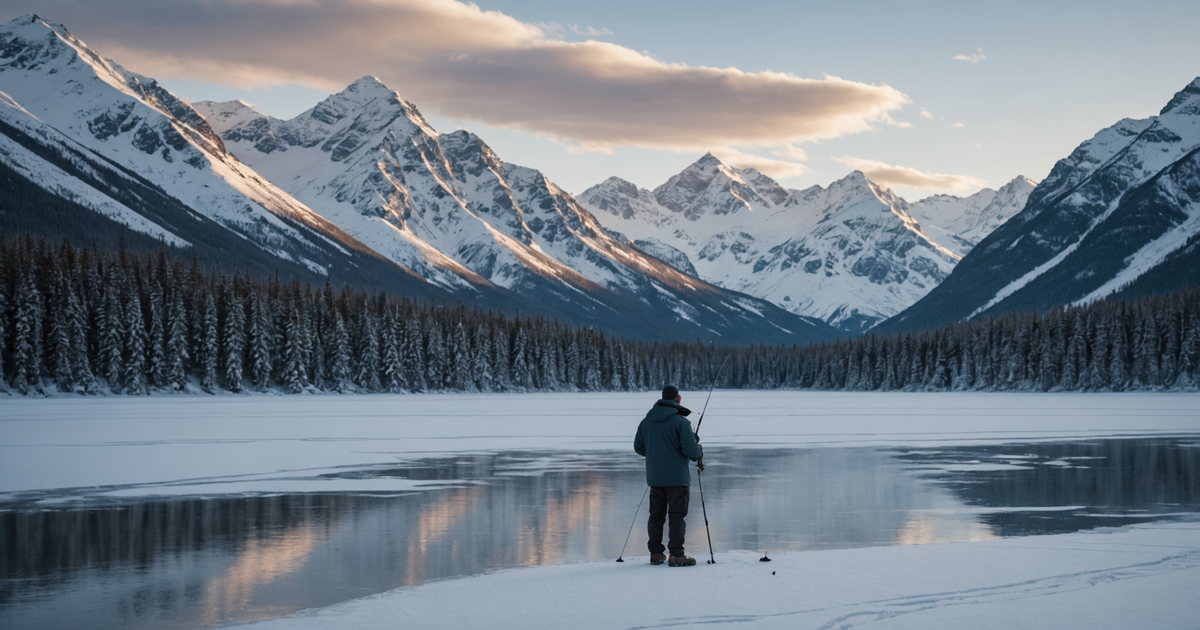An angler standing on a frozen lake in Alaska, ice fishing with snow-covered mountains in the background.