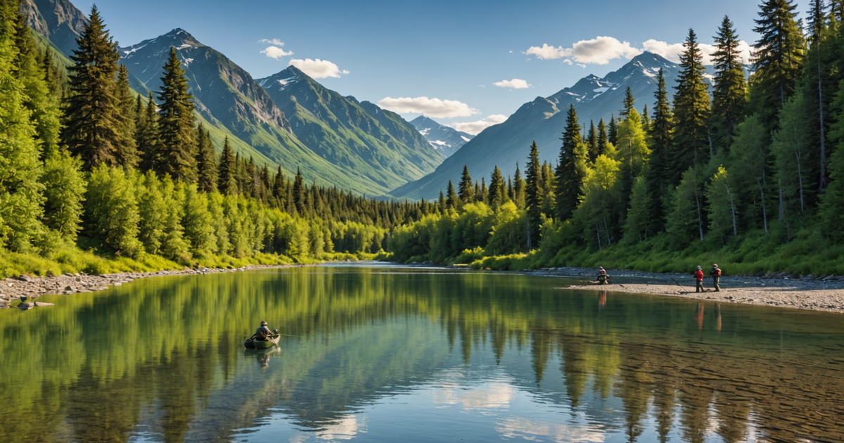 Anglers fishing for salmon in a scenic Alaskan river