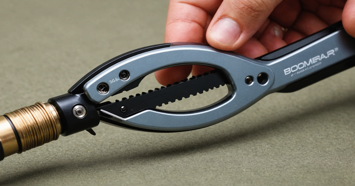 A close-up of the Boomerang Fishing Line Cutter cutting a fishing line