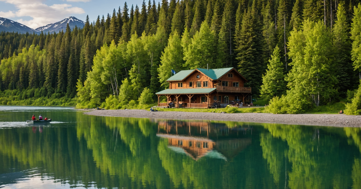 A scenic view of a riverside lodge with anglers fishing on the Kenai River