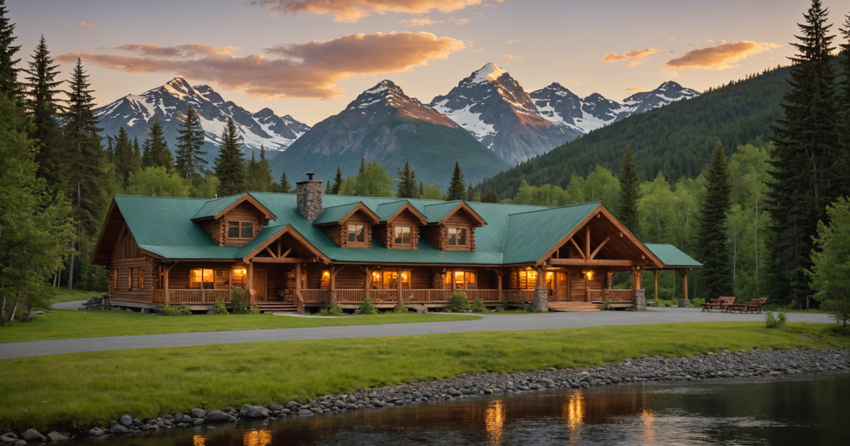 A picturesque Alaskan lodge surrounded by towering mountains and lush forests.