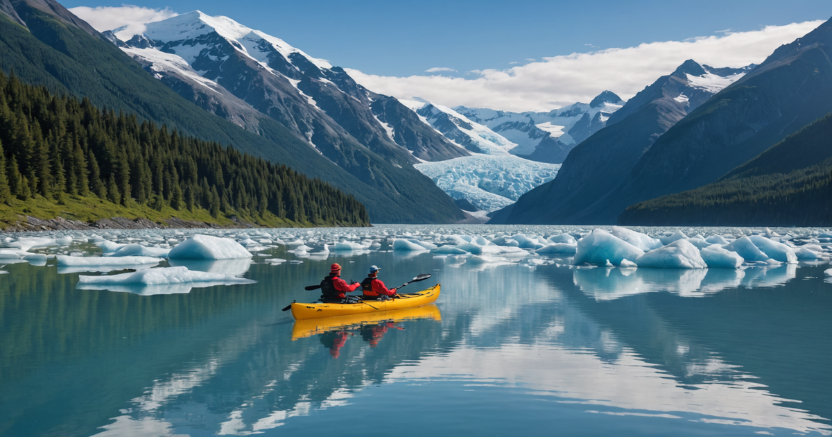 Adventurous tourists kayaking amidst Alaskan glaciers, with a backdrop of snow-capped mountains.