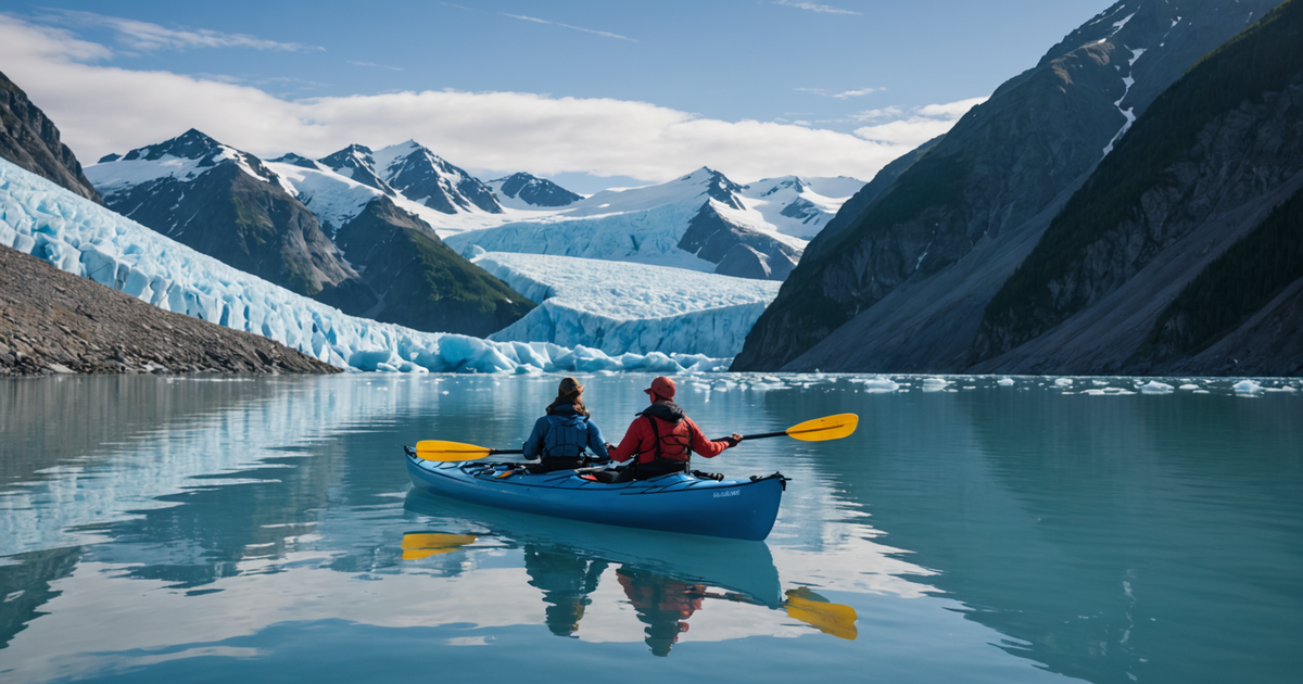 A couple kayaking with a backdrop of Alaskan glaciers