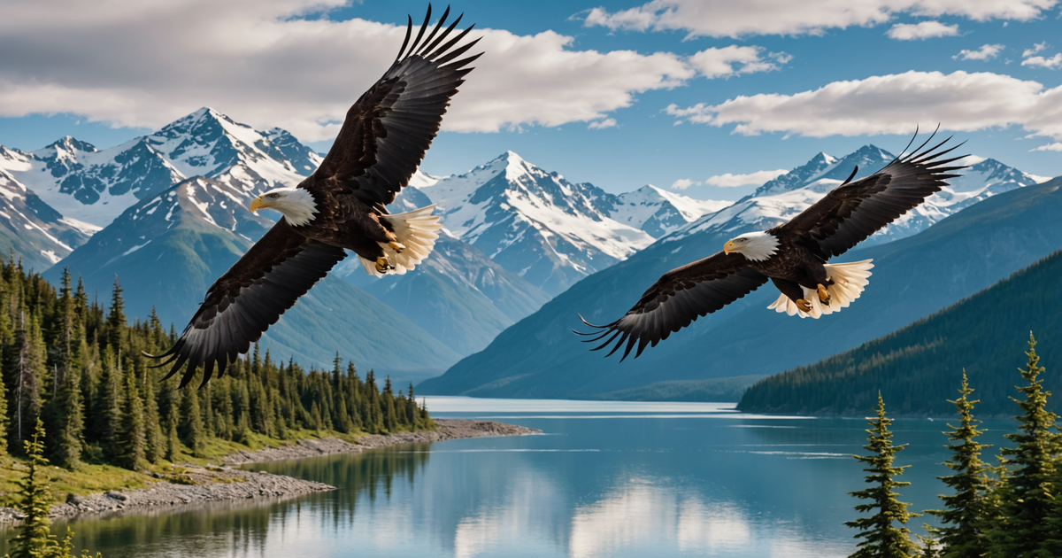 A pair of eagles soaring above an Alaskan landscape