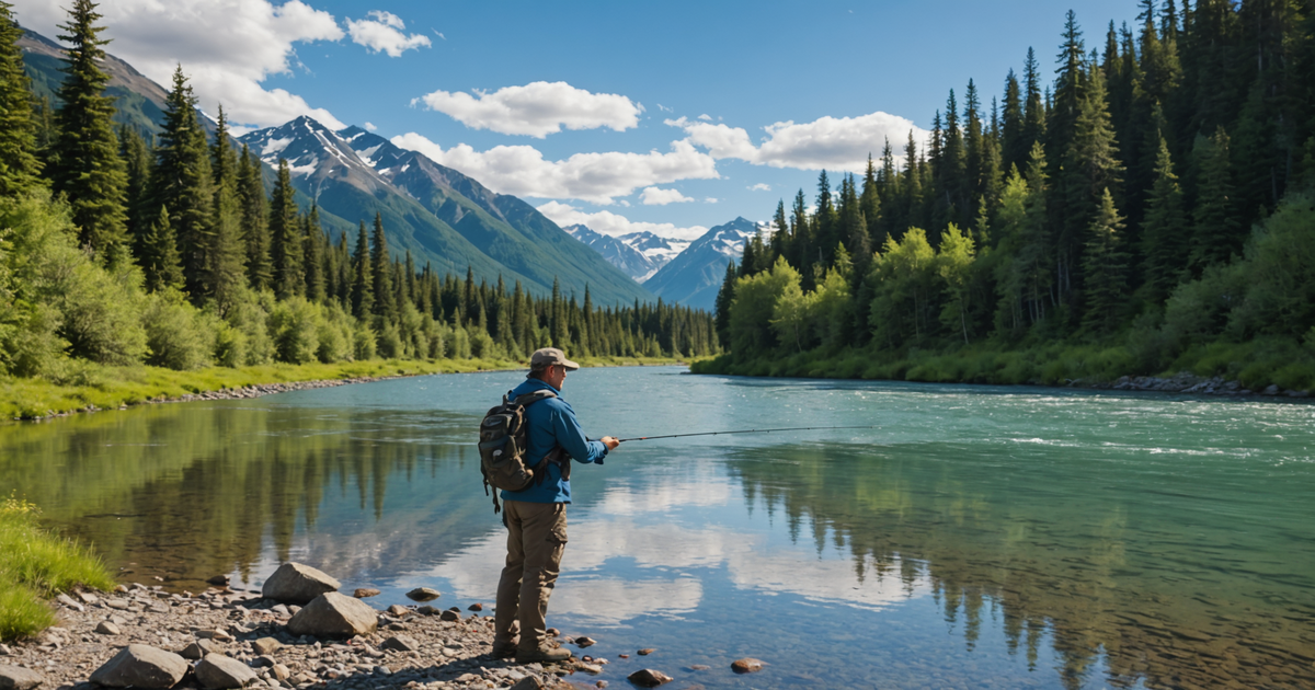 An angler casting a line in an Alaskan river under a clear sky