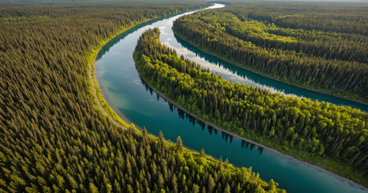 Aerial view of Kenai River with cabins and lodges along the banks.