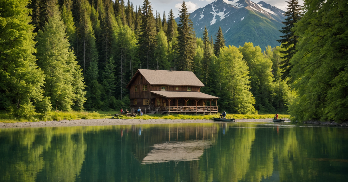 A picturesque view of a riverside lodge with anglers fishing in the Kenai River
