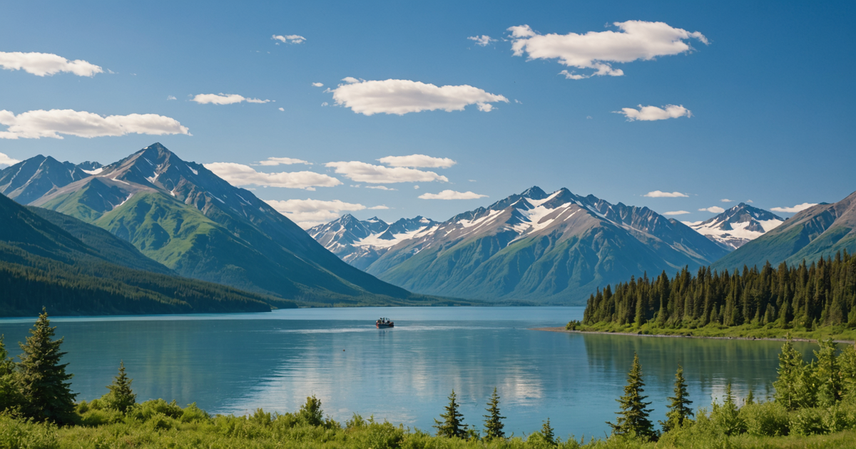 Stunning view of the Kenai Peninsula with anglers on a boat