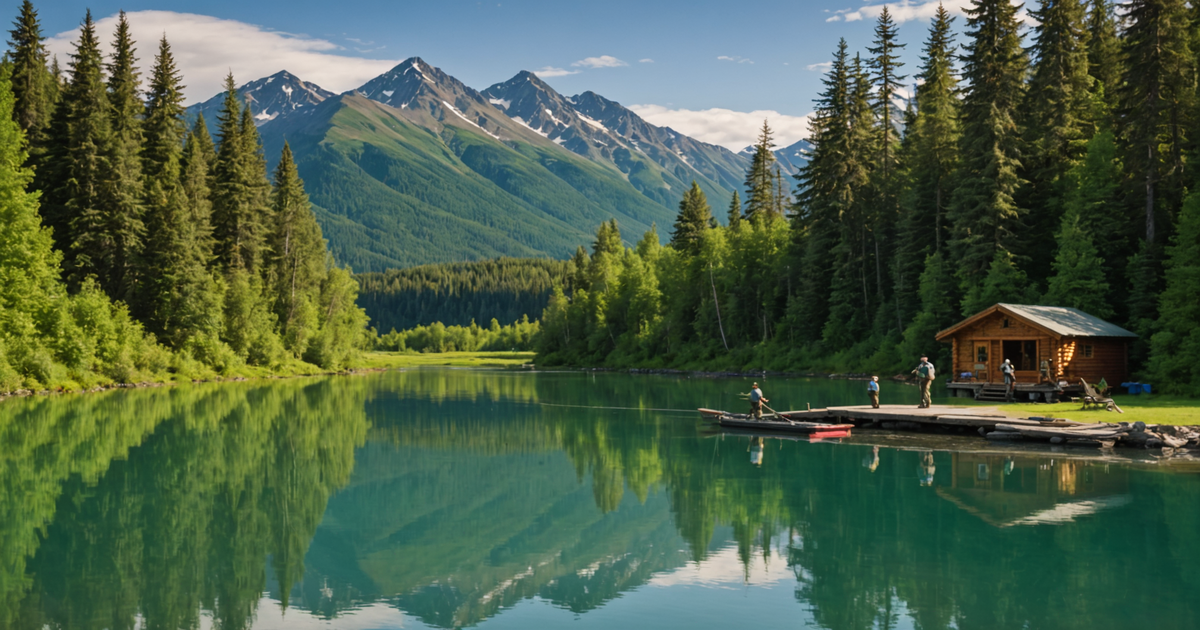 A serene view of the Kenai River with anglers casting lines from a well-positioned lodge deck.