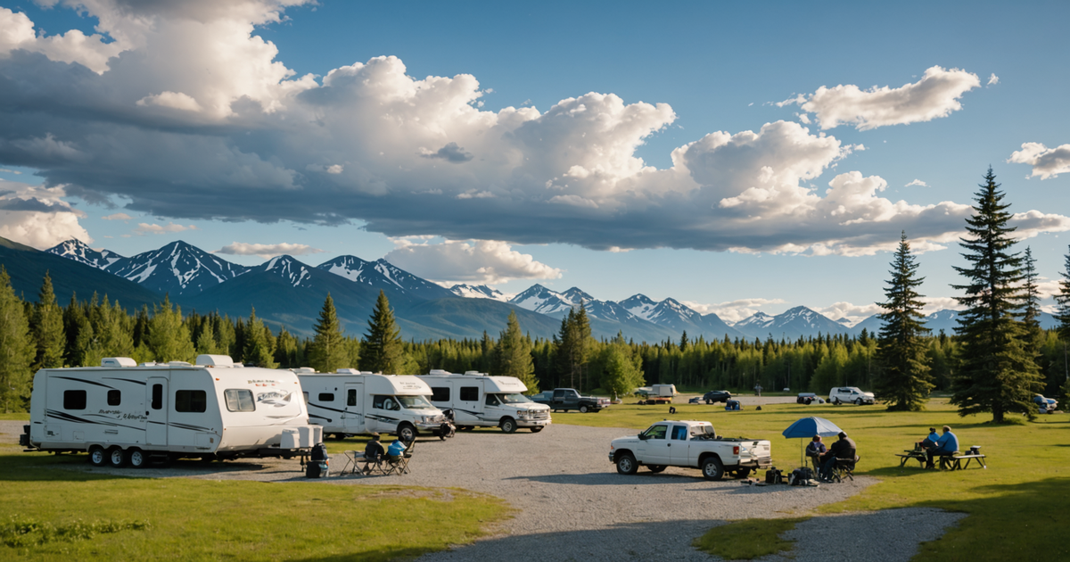 A picturesque RV park with anglers preparing their gear under the Alaskan sky.
