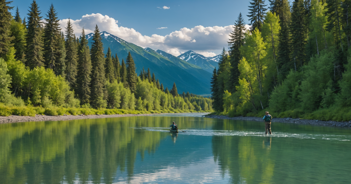 A serene view of the Kenai River with anglers fly fishing from the riverbank.