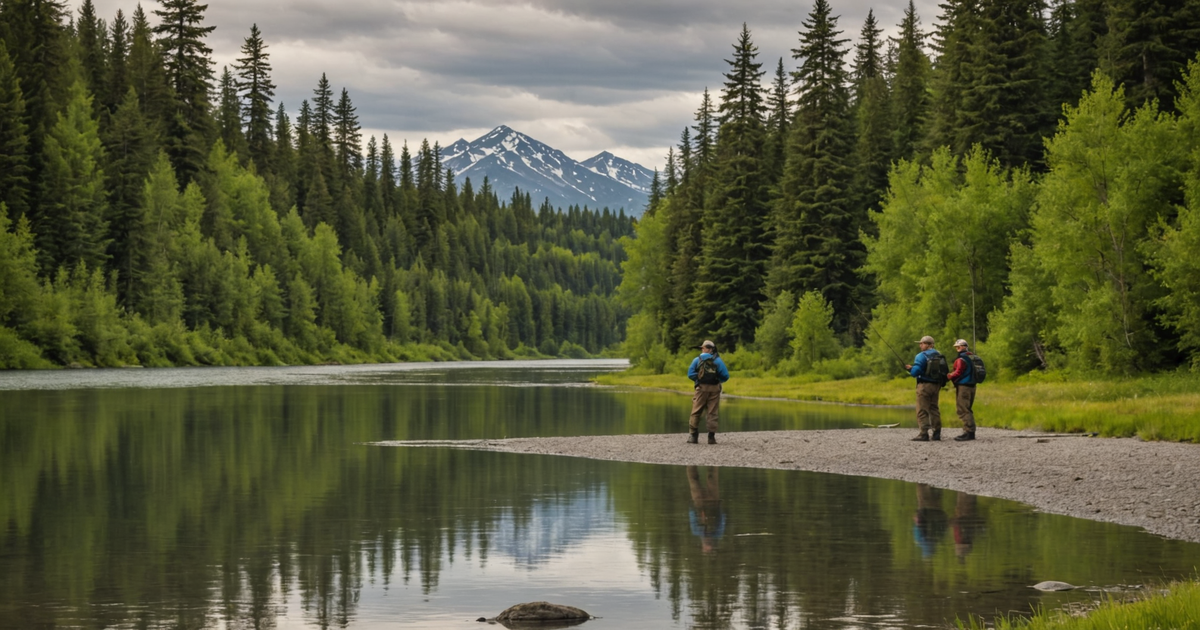 Anglers equipped with waders and fishing gear on the banks of the Kenai River.