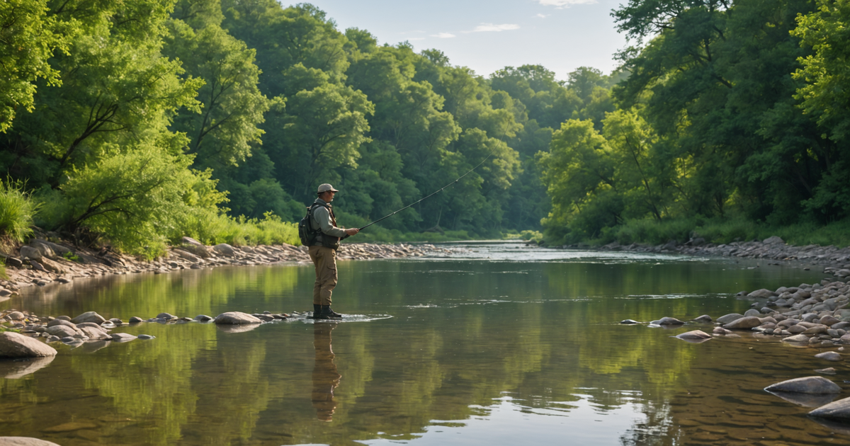 An angler standing by a river with fishing gear