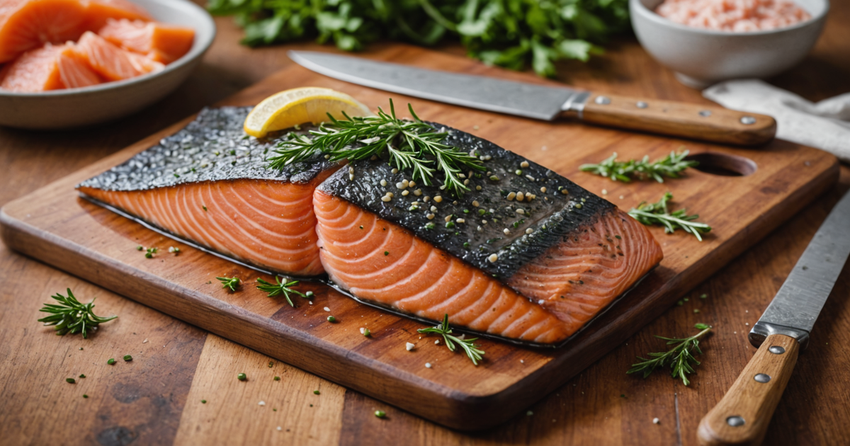 A freshly caught salmon being prepared for cooking