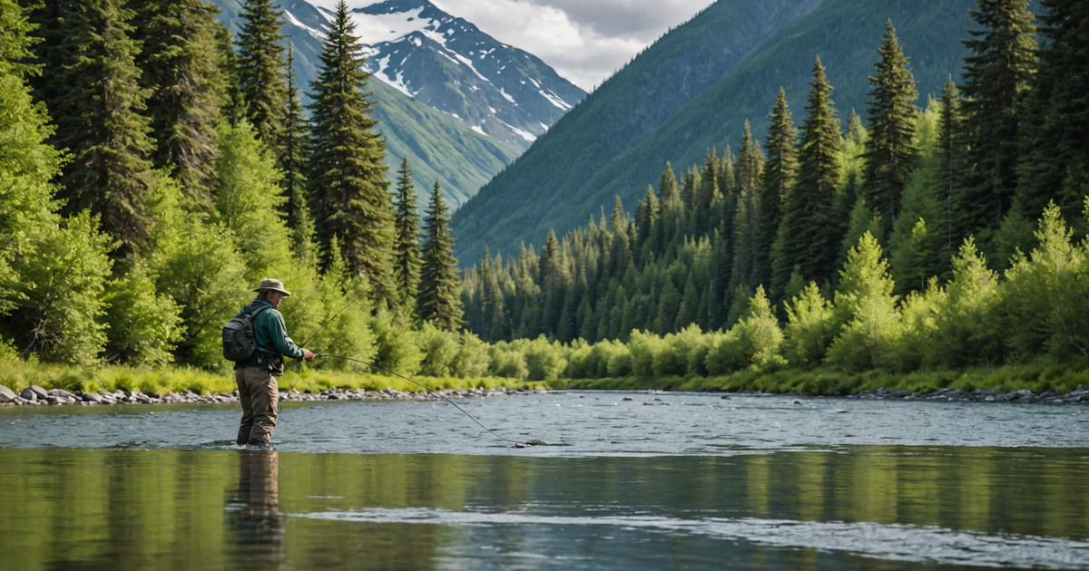 Angler fly fishing for king salmon in a scenic Alaskan river