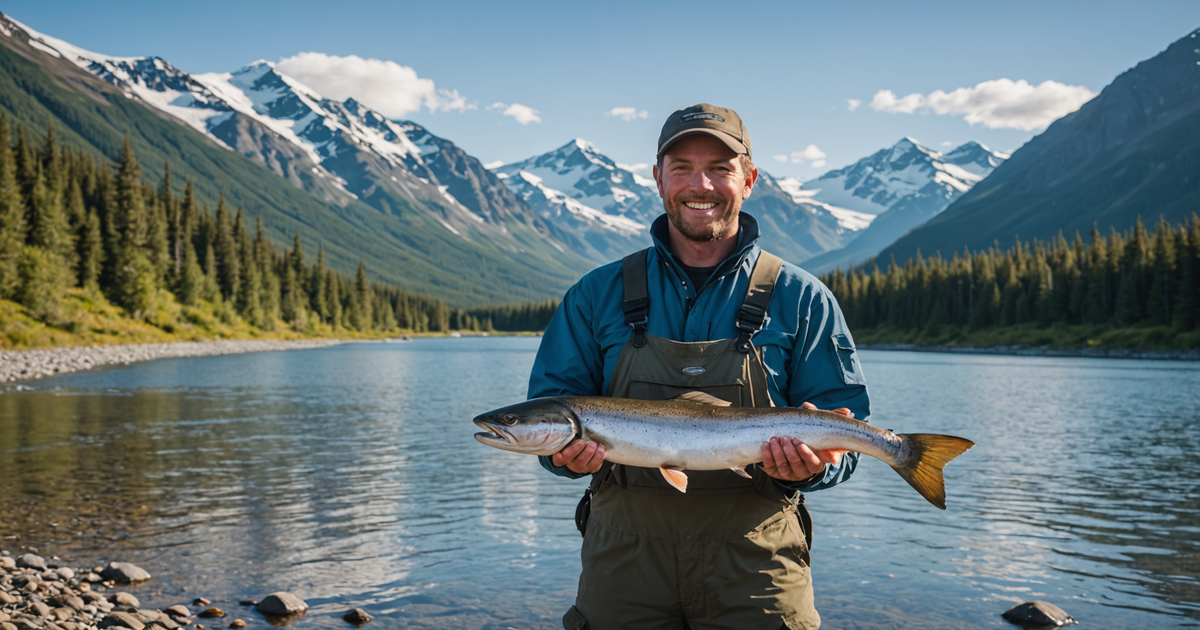 An angler proudly displaying a freshly caught salmon with the stunning Alaskan landscape in the background.
