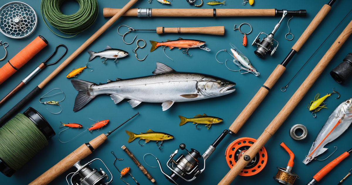 A collection of essential fishing gear for salmon in Alaska, including rods, reels, and lures.