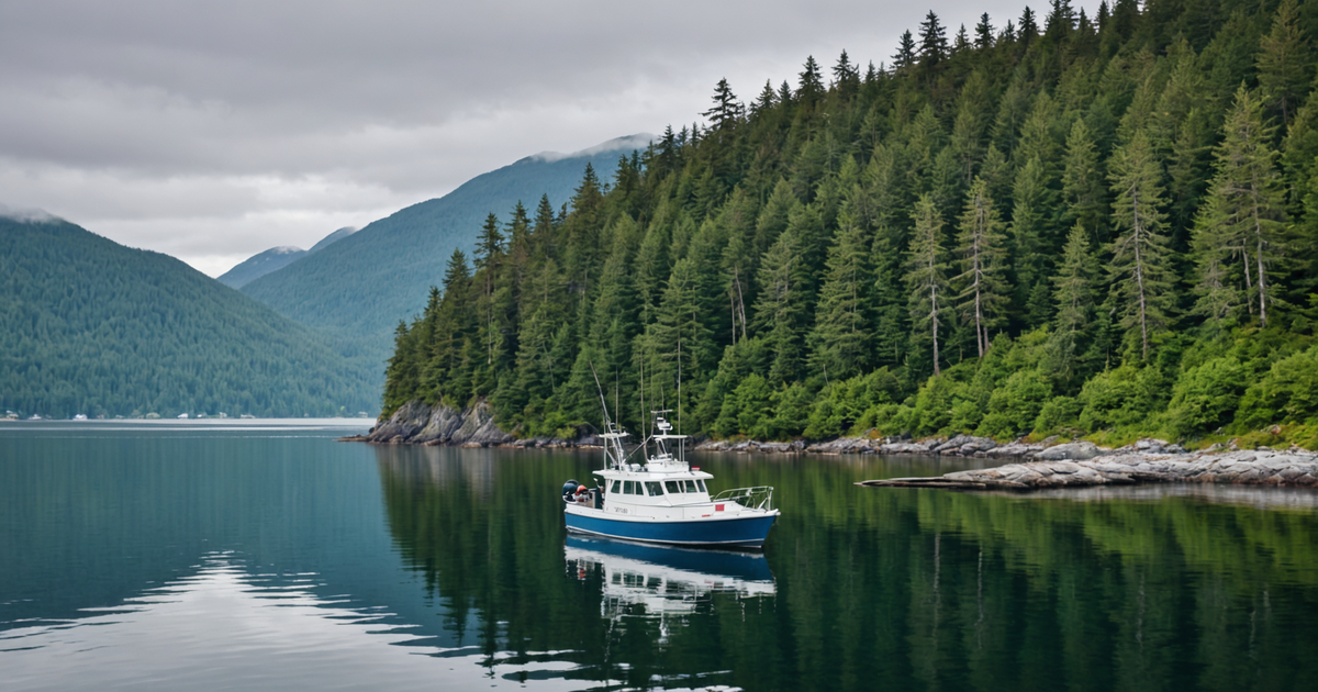 A scenic view of a fishing charter boat on the waters of Ketchikan, surrounded by lush landscapes.