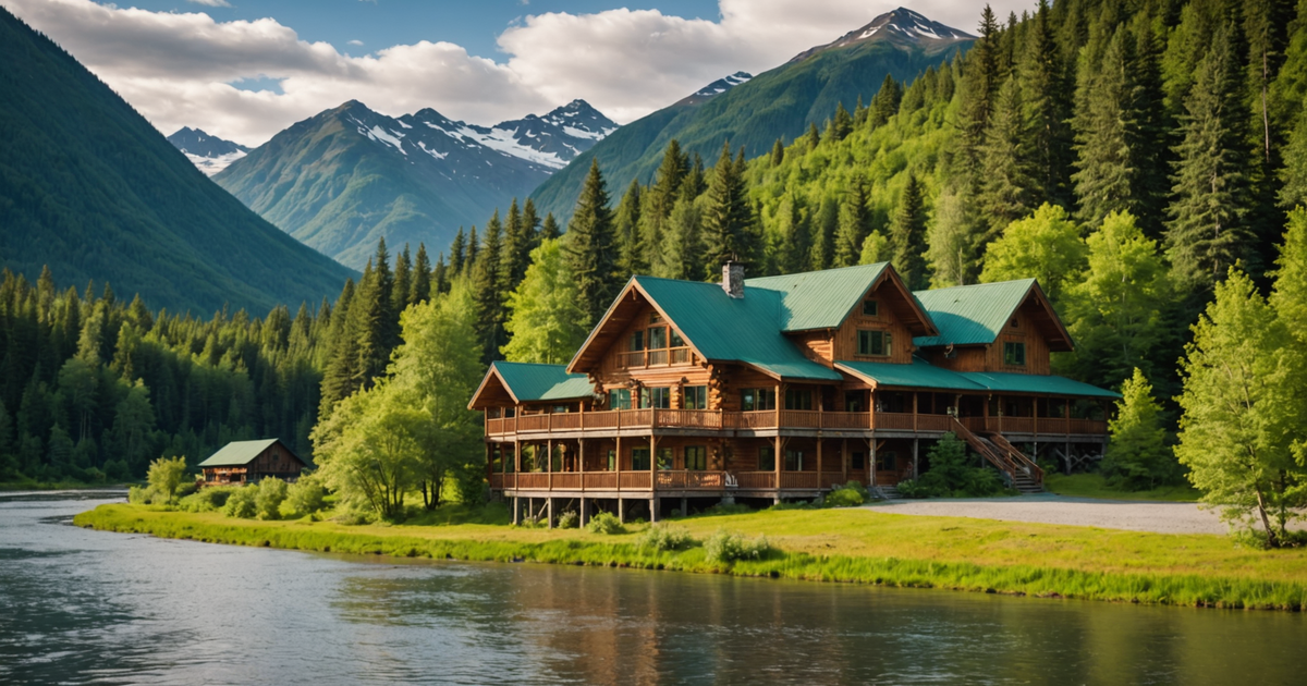 An Alaskan fishing lodge nestled by a serene river, surrounded by lush forests and mountains.
