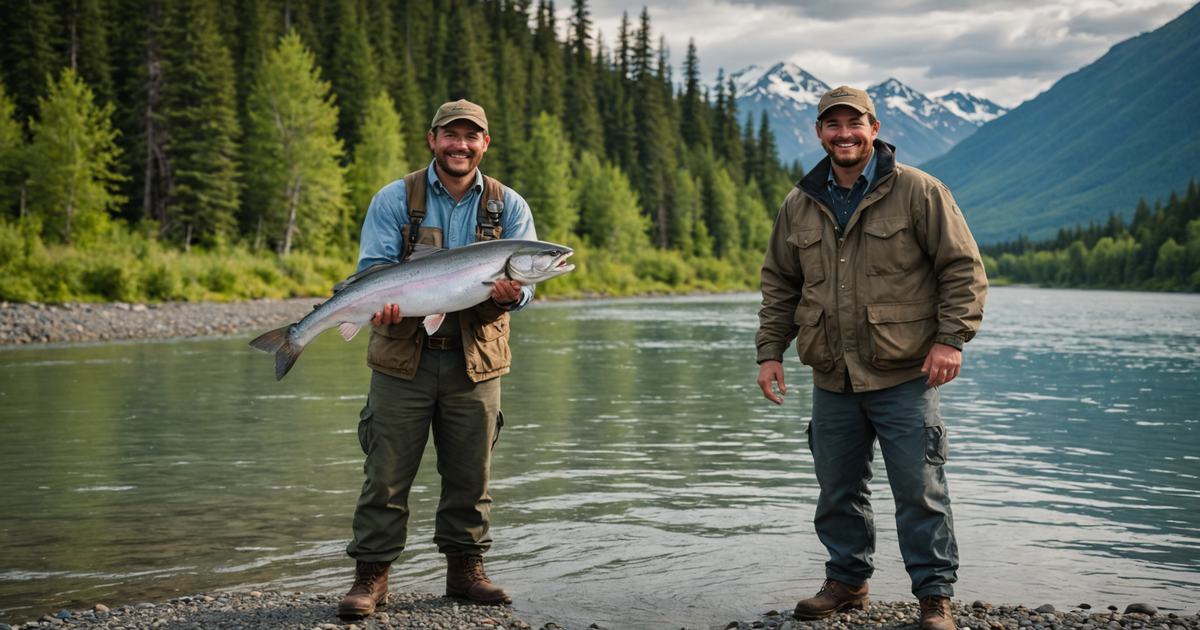 An angler proudly holding a large King Salmon in the Kenai River