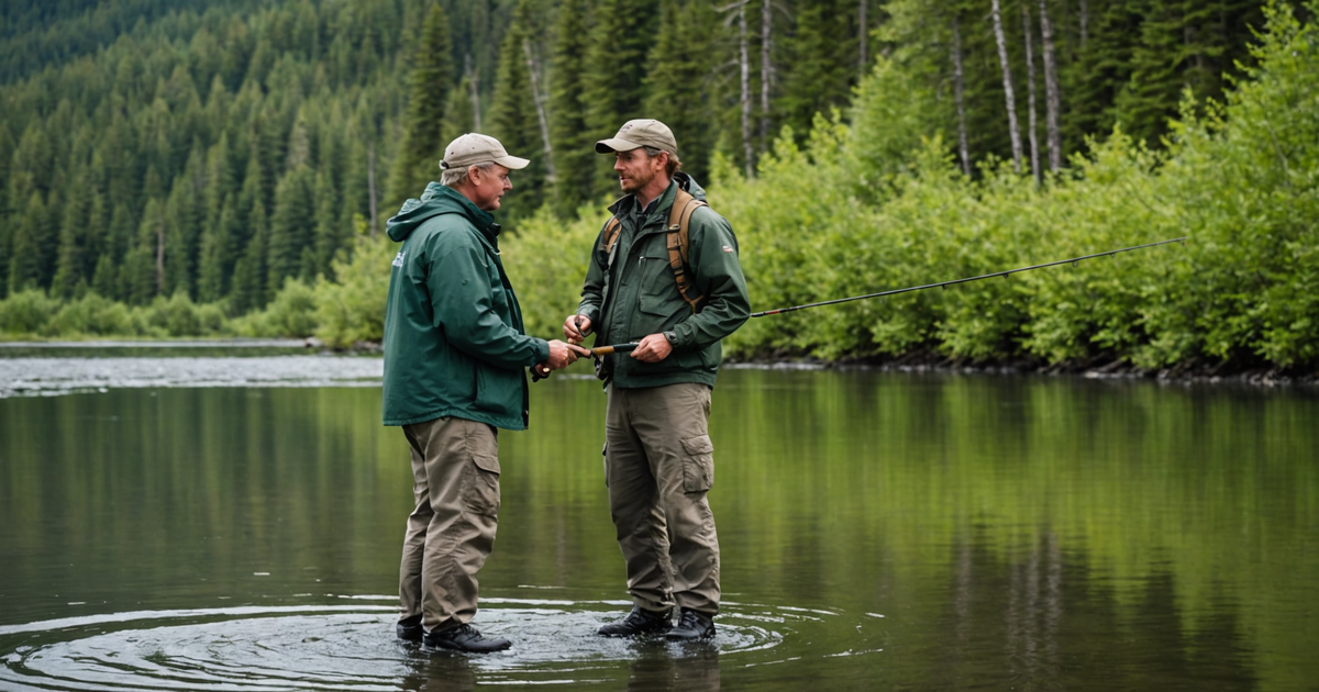 A salmon fishing guide assisting a client on an Alaskan river, showcasing the natural beauty and expertise in action.